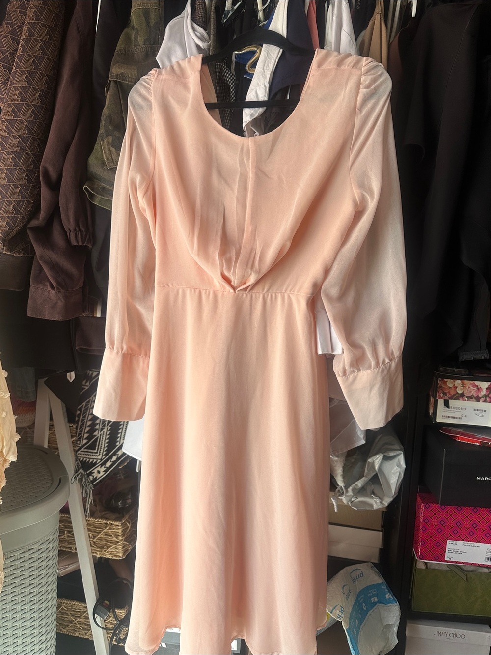 VENUS Peach Long Sleeve Midi Dress with Scoop Neck